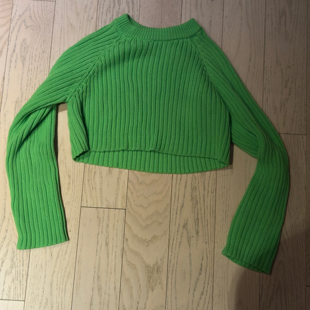 Zara Vibrant Green Ribbed Knit Cropped Sweater